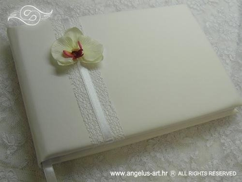 white wedding guestbook with orchid