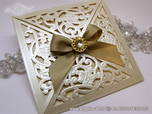 luxury wedding invitation with satin bow nd brooch