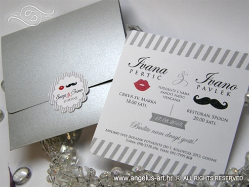 pozivnica za vjencanje u srebrnoj omotnici s motivima brkova i usana 5606